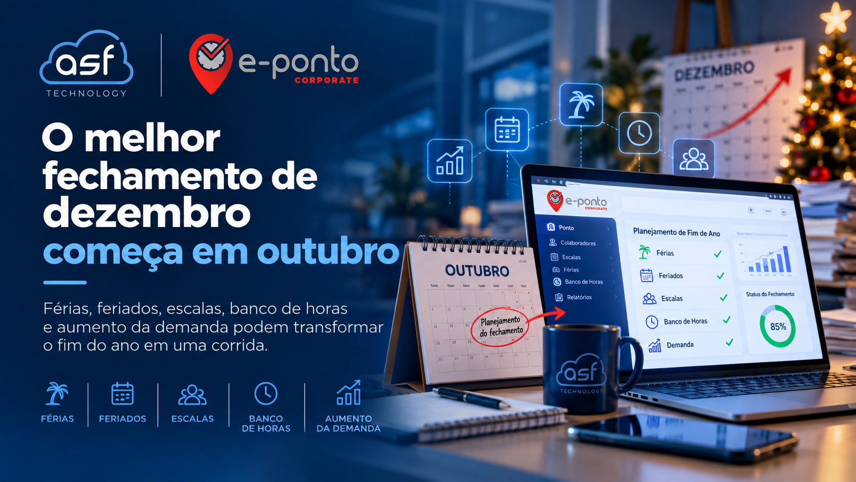 Planejamento antecipado do fechamento de dezembro com gestão de jornada, férias, escalas e banco de horas
