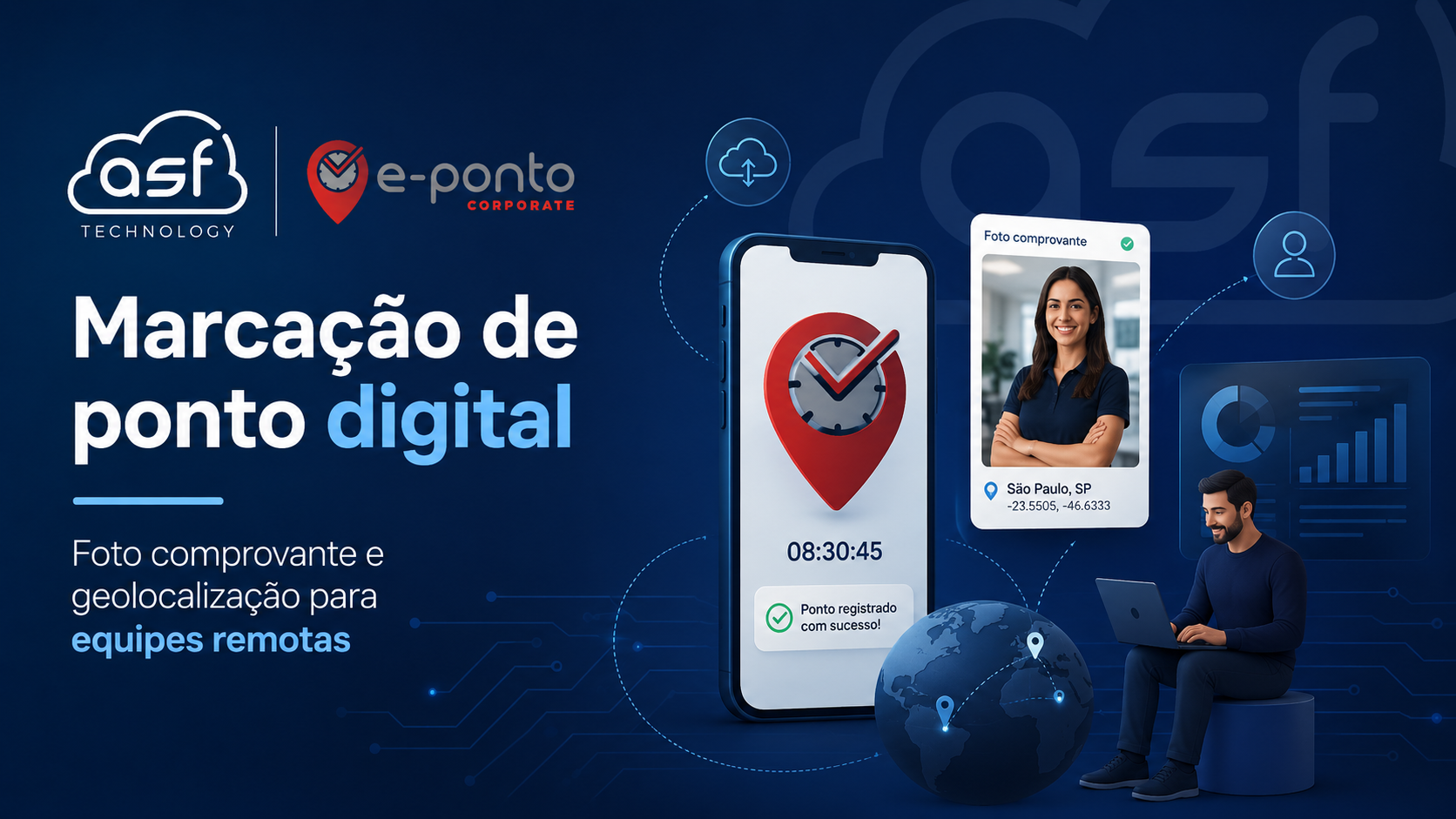 Marcação de ponto digital com foto comprovante e geolocalização para equipes remotas