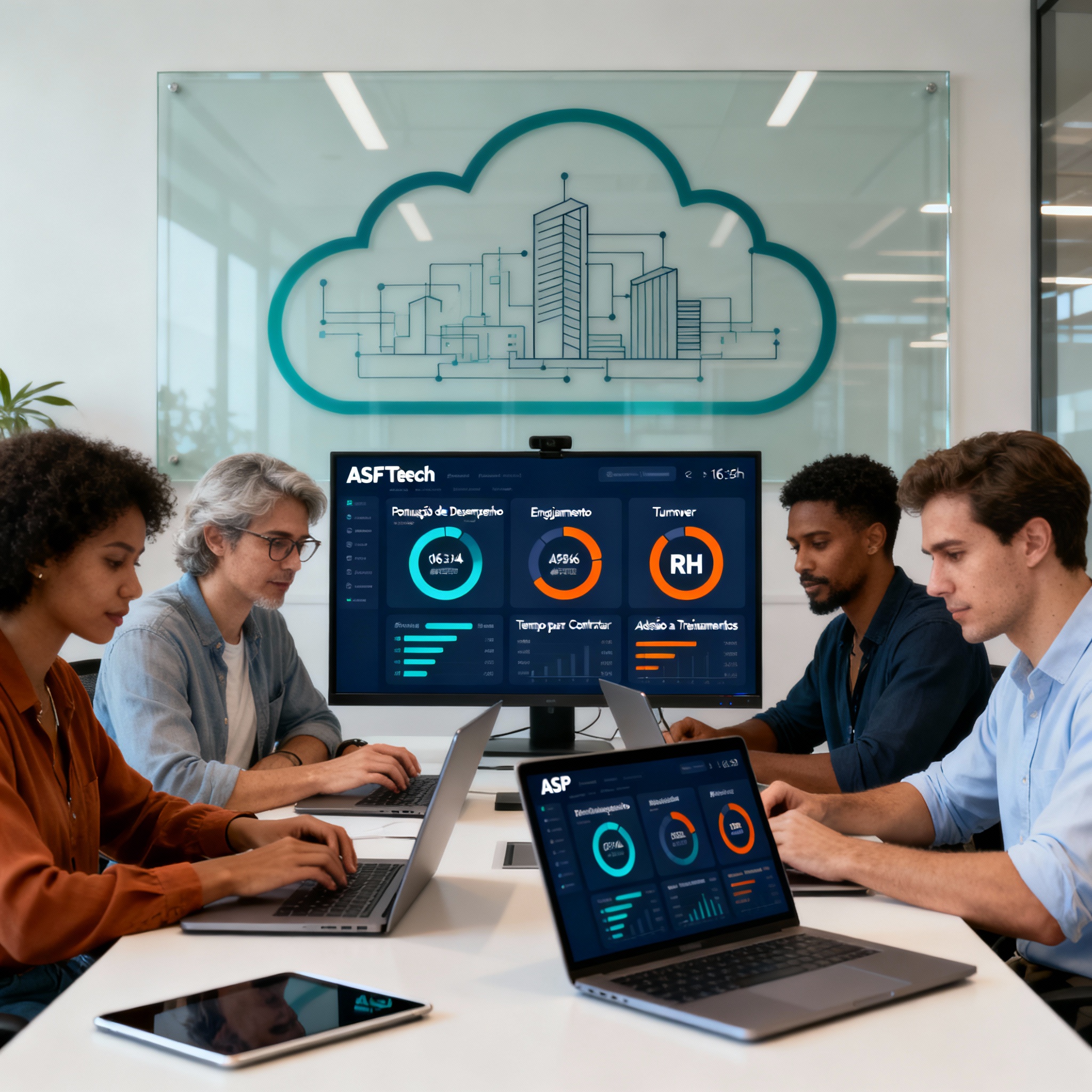 Equipe ASF Technology em colaboração técnica focada em RH na nuvem